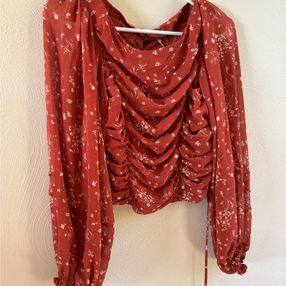 Free People Floral Ruched Red Blouse